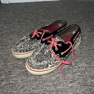 Sperry Top Spider Black/White Floral Sequin Boat Shoes Size 5.5 US